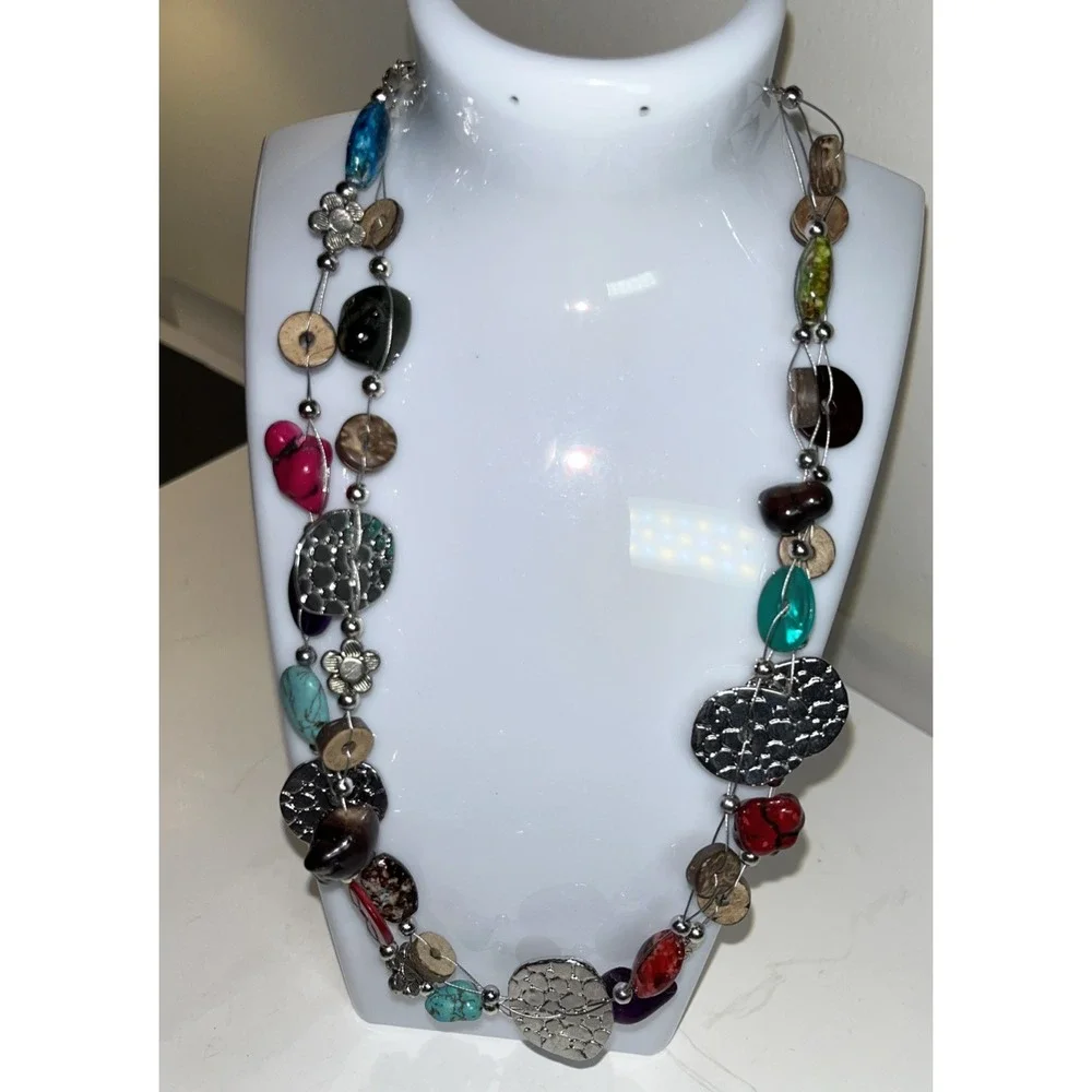 Necklace Multicolored Stones Wood Silver Two Strand Bohemian Textured Ethnic